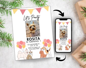 Hunde Motto Geburtstagsparty Bundle Welpen Party Sofort-Download Hunde Motto Pawty Adoption Ankündigung, Hund Meilenstein bearbeitbare Karte Anpassen