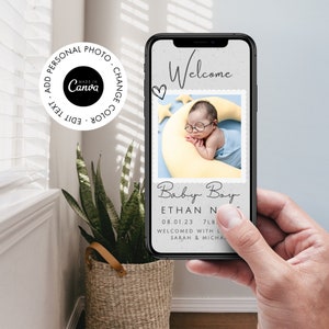 Anúncio de nascimento com foto, novos pais, cartão de anúncio de bebê, recém-nascido, moderno, modelo editável, para impressão, download instantâneo e fácil