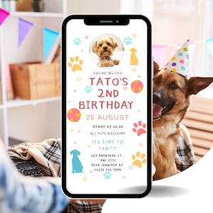 Pawty Time sjabloon afdrukbare verjaardagskaart puppy digitale uitnodiging thema kinderfeest bewerkbare verjaardagsuitnodiging bundel Kit direct downloaden