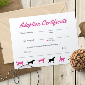 Certificado de adopción de mascotas, tarjeta imprimible de adopción de cachorros, descarga digital instantánea de adopción de perros, plantillas comerciales editables, certificado