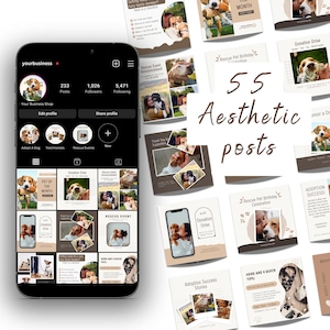 以下が含まれることがあります： スマートフォン上のInstagramプロフィールのスクリーンショット。犬の保護に特化しています。プロフィールには、「Pet of the Month」や「Donation Drive」などのグラフィックを含む投稿が表示されます。画像には、犬をテーマにした55個の美的投稿も含まれています。