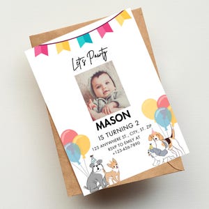 Annonce d'une étape importante de bébé carte en téléchargement numérique Anniversaire de bébé chien Invitation sur le thème des animaux Photo pour enfant Carte d'anniversaire modifiable
