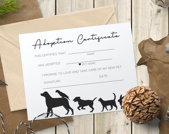 Certyfikat adopcji zwierząt, Szablon karty adopcyjnej, Karta adopcyjna do druku, Natychmiastowe pobieranie cyfrowe imprezy dla szczeniąt, Edytowalny certyfikat 5x7