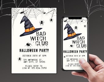 Witch Party Template Bad Witch Club Invite Halloween Text Invite Birthday Card Birthday Digital Invites Halloween Printable Card Girls Night