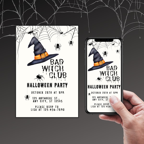 Witch Party Template, Bad Witch Club Invite, Halloween Text Invite Birthday Card, Birthday Digital Invite, Printable Card, Instant Download