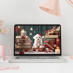 Maltese Christmas Laptop Wallpaper, Puppy Christmas Phone Wallpaper, Holiday Desktop Background, Holiday Aesthetic, Desktop Wallpaper Set