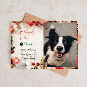 Tarjeta navideña con foto de perro, plantilla de tarjeta navideña con foto, linda tarjeta navideña editable para mascotas, tarjeta navideña DIY con foto de mascota, plantilla de tarjeta Canva