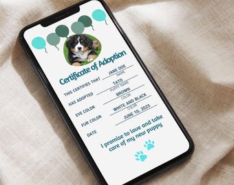 Pet Adoption Certificate Puppy Adoption Party Adoption Editable Certificate Puppy Adoption Celebration Easy Instant Download New Puppy