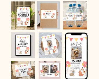 Hunde Motto Geburtstagsparty Einladung Bundle Welpen Party Sofort-Download Hunde Motto Pawty Adoption Ankündigung, Hund Meilenstein bearbeitbare Karte
