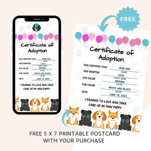 Pet Adoption Certificate Puppy Adoption Dog Birthday Party - Etsy