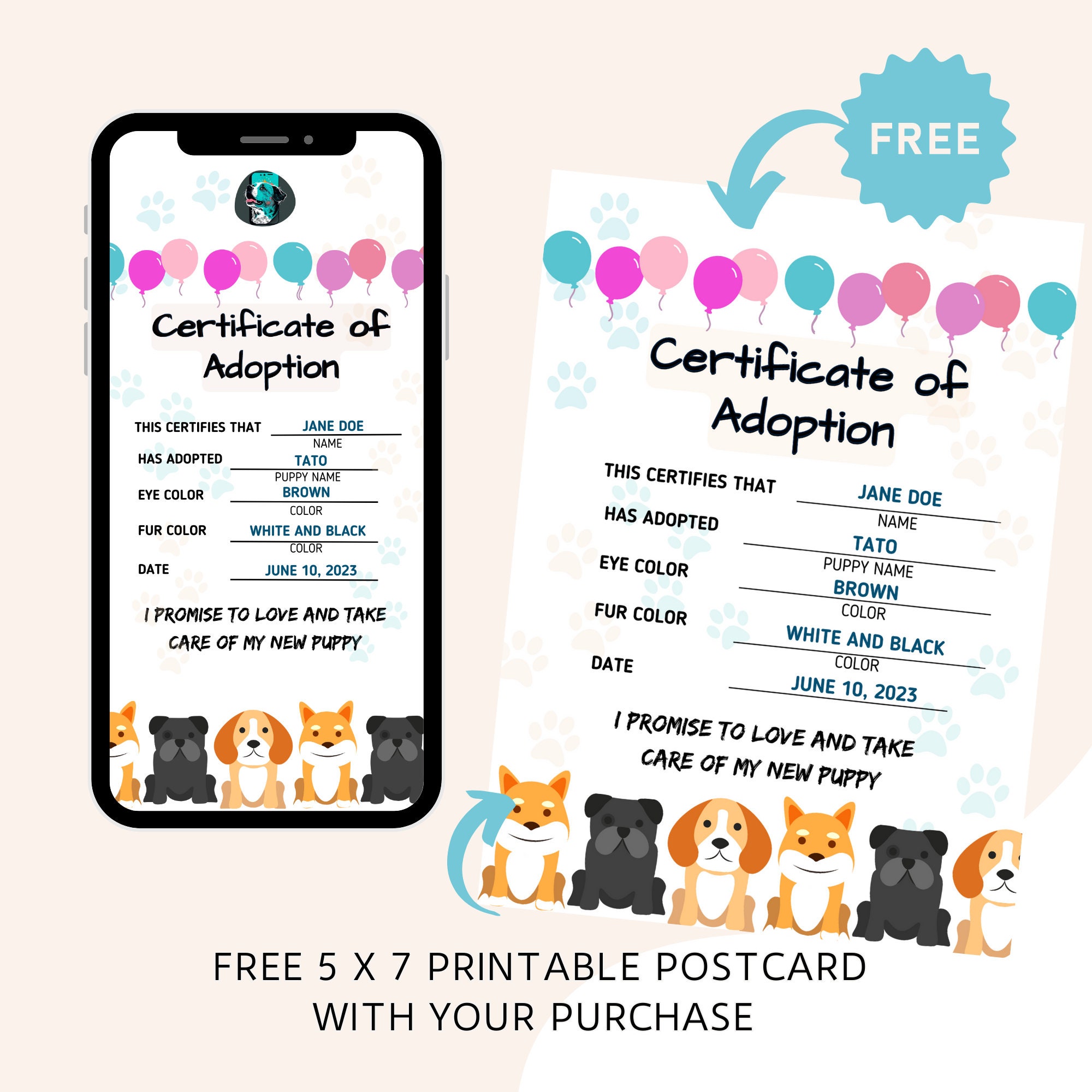Pet Adoption Certificate Puppy Adoption Dog Birthday Party - Etsy