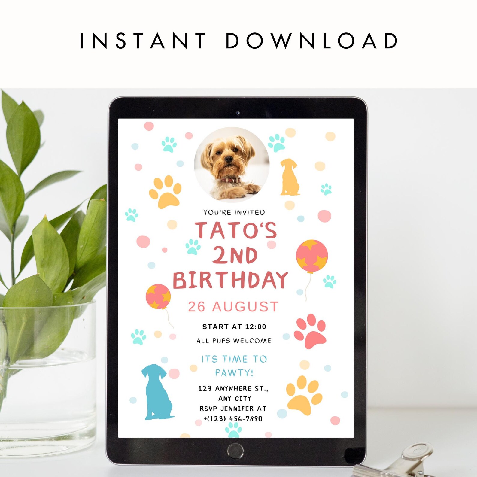 Pawty Time Template Birthday Printable Card Puppy Digital Invite Themed ...