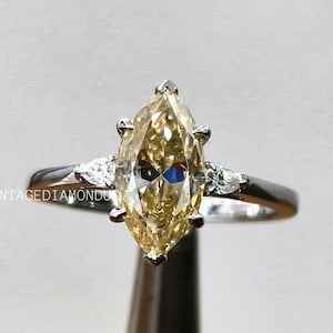 Three Stone Marquise Cut Moissanite Engagement Ring, Yellow Marquise Cut Sparkling Moissanite Birthday Gift For Her, Anniversary Gift