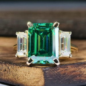 Emerald Green Moissanite Ring with Tapered Baguette Accents, Luxe Three-Stone Anniversary Ring, Handmade Gold Statement Ring For Her