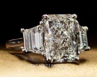 5.0 CT Radiant Cut Lab Grown Diamond Ring: Trapezoid Three Stone Bridal Ring