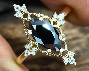 Marquise Black Moissanite Gold Ring, Antique Style Engagement Ring with Diamond Halo Accents, Handmade Gothic Jewelry