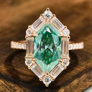 Art Deco Cyan Blue Moissanite Ring in Rose Gold, Dutch Marquise Cut Center with Baguette & Round Moissanite Halo, Proposal Ring