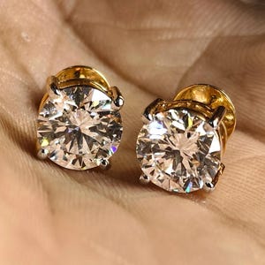 Lab Grown Diamond Earrings, Round Cut Solitaire Studs in Yellow Gold, Screw Back Stud Earrings, Anniversary Gift Minimalist Jewelry for Her