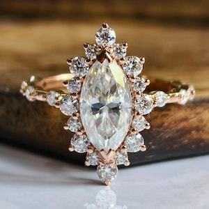 Marquise Moissanite Cluster Ring, 14K Rose Gold Floral Engagement Ring
