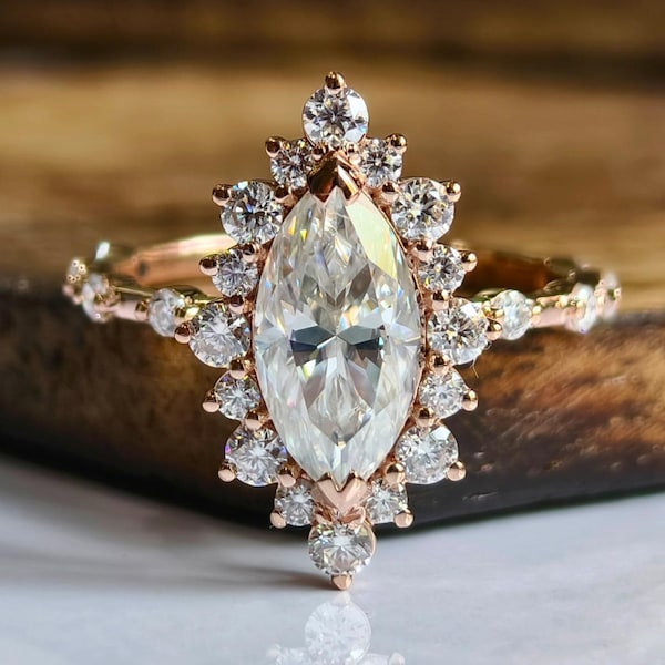 Marquise Moissanite Cluster Ring, 14K Rose Gold Floral Engagement Ring