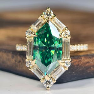 Dutch Marquise Cut Green Moissanite Engagement Ring, Baguette Halo Diamond Ring, 14K Yellow Gold Solitaire Statement Bridal Jewelry