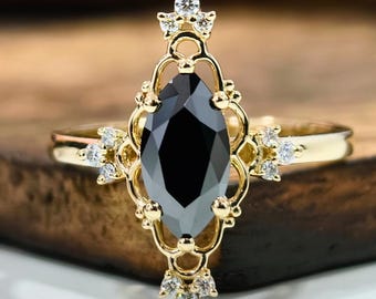 Black Marquise Moissanite Engagement Ring, Vintage Gold Ring with Diamond Accents, Gothic Alternative Wedding Jewelry