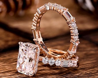 2.5 CT Radiant Cut Moissanite Ring, Full Eternity Matching Wedding Band, Hidden Halo Bridal Ring Set, Anniversary Gift For Her