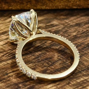 Classic Cushion Moissanite Ring, Hidden Halo Pave Band Engagement Ring, Solid Gold Solitaire Wedding Jewelry for Women