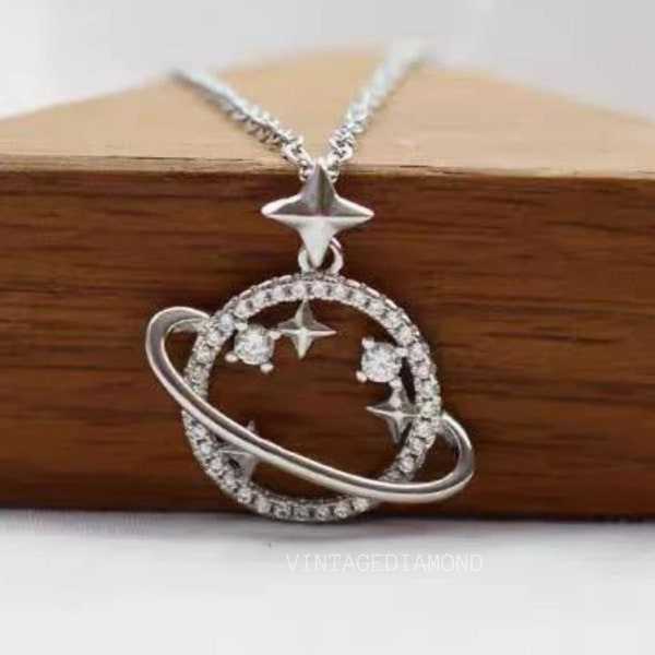 14K Solid White Gold Saturn Necklace, Galaxy Necklace With Round Moissanite, Celestial Necklace, Anniversary Space Pendant Necklace For Her