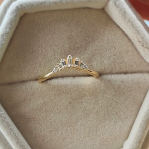 14K Gold Baguette Moissanite Wedding Band: Curved Anniversary Ring
