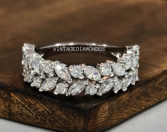 Eternity Moissanite Wedding Band 1/2 Eternity Marquise Cut Round Cut Moissanite Gift Symbol Of Love Elegance Anniversary Gift Band For Her