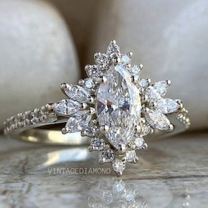 Marquise Cut Moissanite Engagement Ring Cluster Wedding Ring Perfect Gift For Her Halo Diamond Moissanite Ring Luxury Anniversary Gift