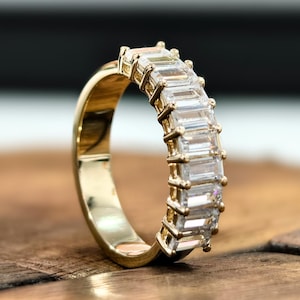 14K Gold Baguette Moissanite Eternity Band Ring, Classic Wedding Ring for Women, Half Eternity Stacking Band, Anniversary Gift
