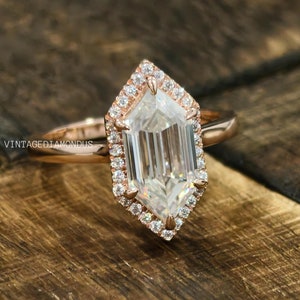 Halo Moissanite Hexagon Engagement Ring, Solid Gold Hexagon Moissanite Wedding Ring, Anniversary Gift Moissanite Ring For Women Diamond Ring