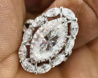 Vintage Marquise Halo Moissanite Ring, White Gold Engagement Ring with Marquise Side Stones, Elegant Wedding Jewelry for Her