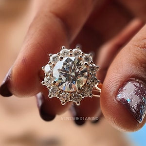 2.5 Ct Round Moissanite Halo Engagement Ring: Starburst Wedding Ring