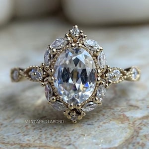 Oval Cut Moissanite Engagement Ring Brilliant Rose Cut Oval Stone Wedding Ring Bridal Ring Marquise Halo Ring Anniversary Gift For Her