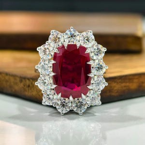 5.0 Ct Cushion Cut Red Ruby Simulated Diamond Engagement Ring, Sparkling Halo Wedding Ring, 14k Solid White Gold Anniversary Gift For Her