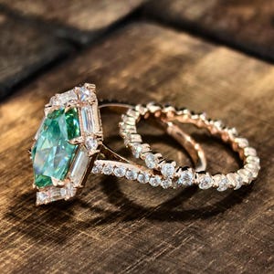 Dutch Marquise Teal Moissanite Engagement Ring Set Rose Gold, Hidden Halo Unique Hexagon Halo Bridal Ring Vintage Inspired Wedding Ring Gift