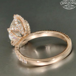 Timeless Pear Cut Moissanite Ring with Hidden Halo, Anniversary Surprise Gift for Her, 18k Solid Rose Gold Pear Cut Moissanite Gift for Her