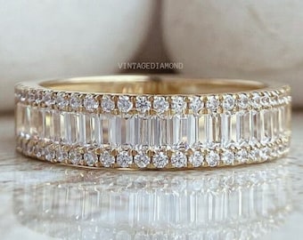 Bubble Baguette And Round Eternity Wedding Band 1/2 Eternity Moissanite Diamond Engagement Matching Band Perfect Anniversary Gift For Her