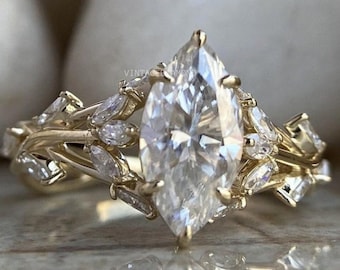 Anel de noivado de moissanita com corte marquise, anel de noivado de moissanita, anel de compromisso de casamento simples para ela, presente de aniversário de luxo para mulheres