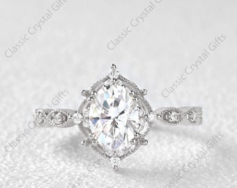 3.41 CT Oval Moissanite Engagement Ring, Moissanite Ring Side Stone Unique Ring, Anniversary Ring, Wedding Ring Gift for her Cluster Ring