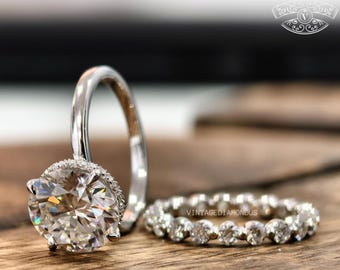 Hidden Halo Round Cut Moissanite Engagement Ring Eternity Wedding Band Luxury Bridal Ring Set Round Cut Promise Anniversary Gift For Her