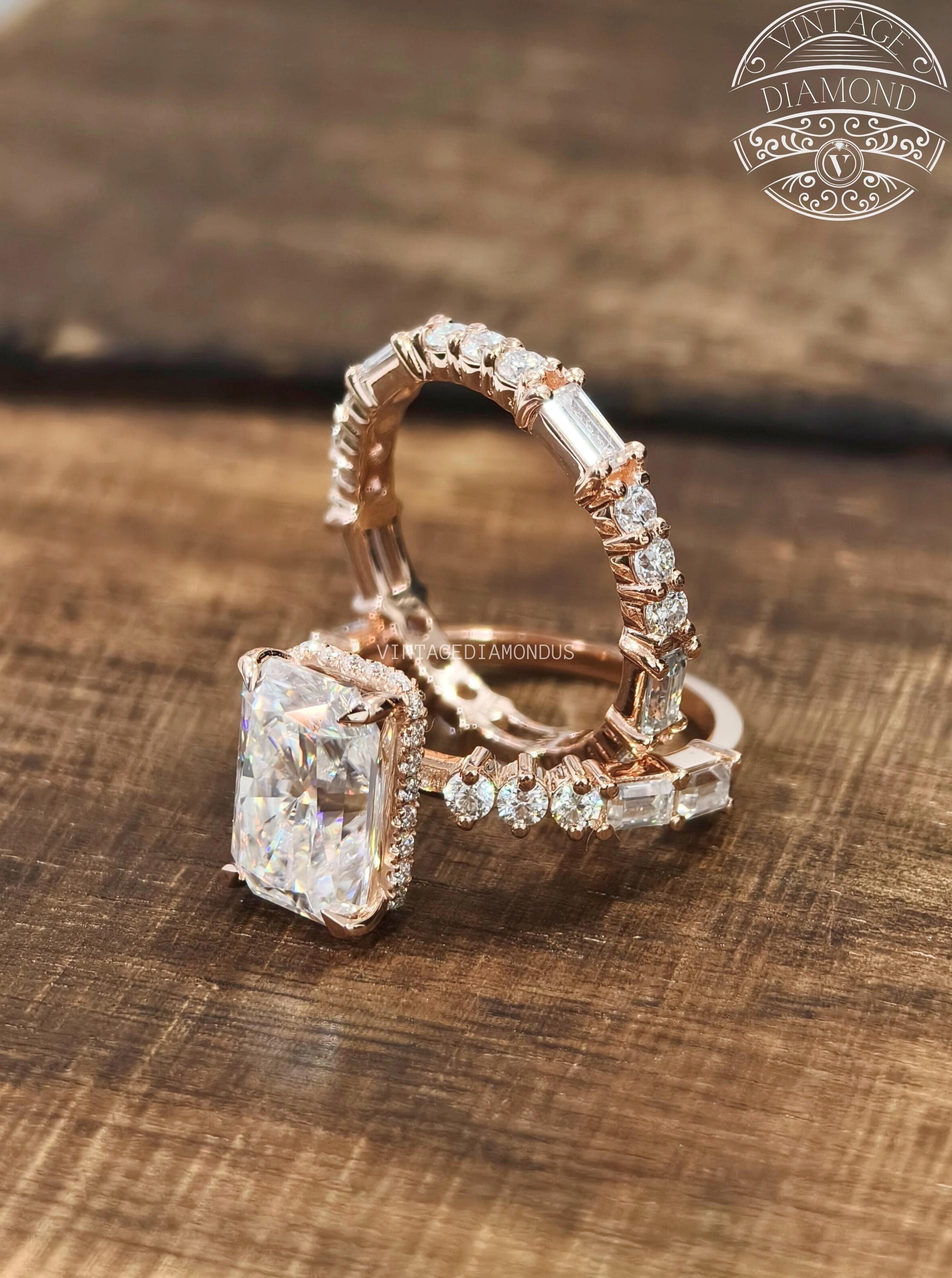 2.5 CT Radiant Cut Moissanite Ring, Full Eternity Matching Wedding Band, Hidden Halo Bridal Ring Set, Anniversary Gift For Her