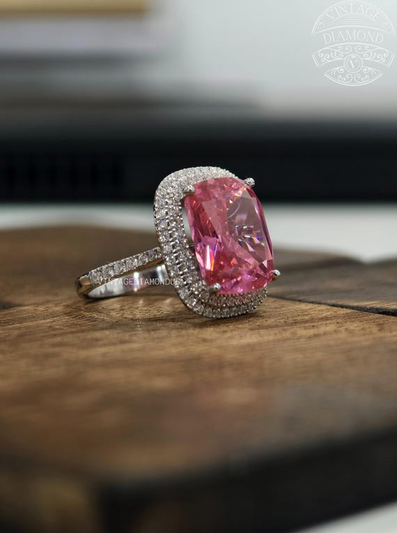 Double Halo Engagement Ring Pink Cushion Cut Diamond Pink Cushion