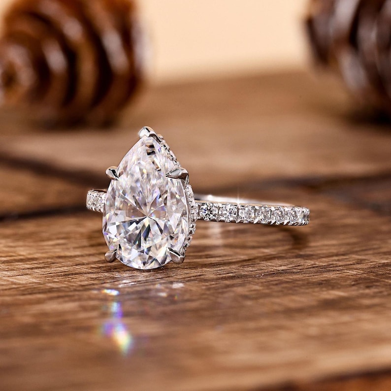 Pear Cut Lab Grown Diamond Engagement Ring - 14k White Gold Hidden Halo ...