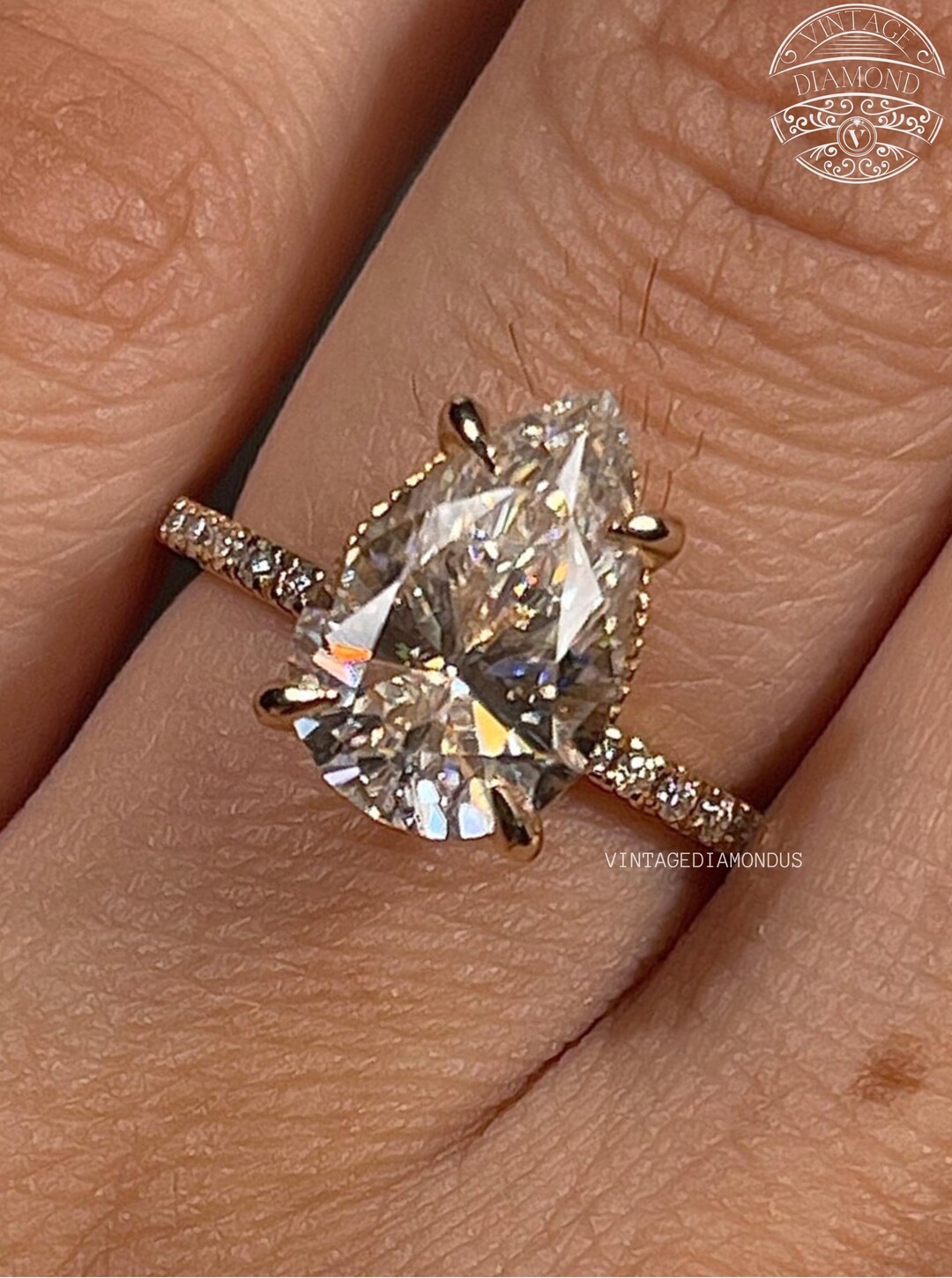 3.0 CT Pear Cut Lab Grown Diamond Ring: Hidden Halo Bridal Ring 14k ...