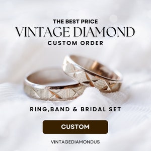 May include: Two silver wedding bands with a diamond pattern on a white fabric background. The text "THE BEST PRICE VINTAGE DIAMOND CUSTOM ORDER RING, BAND & BRIDAL SET CUSTOM VINTAGEDIAMONDUS" is displayed below the rings.