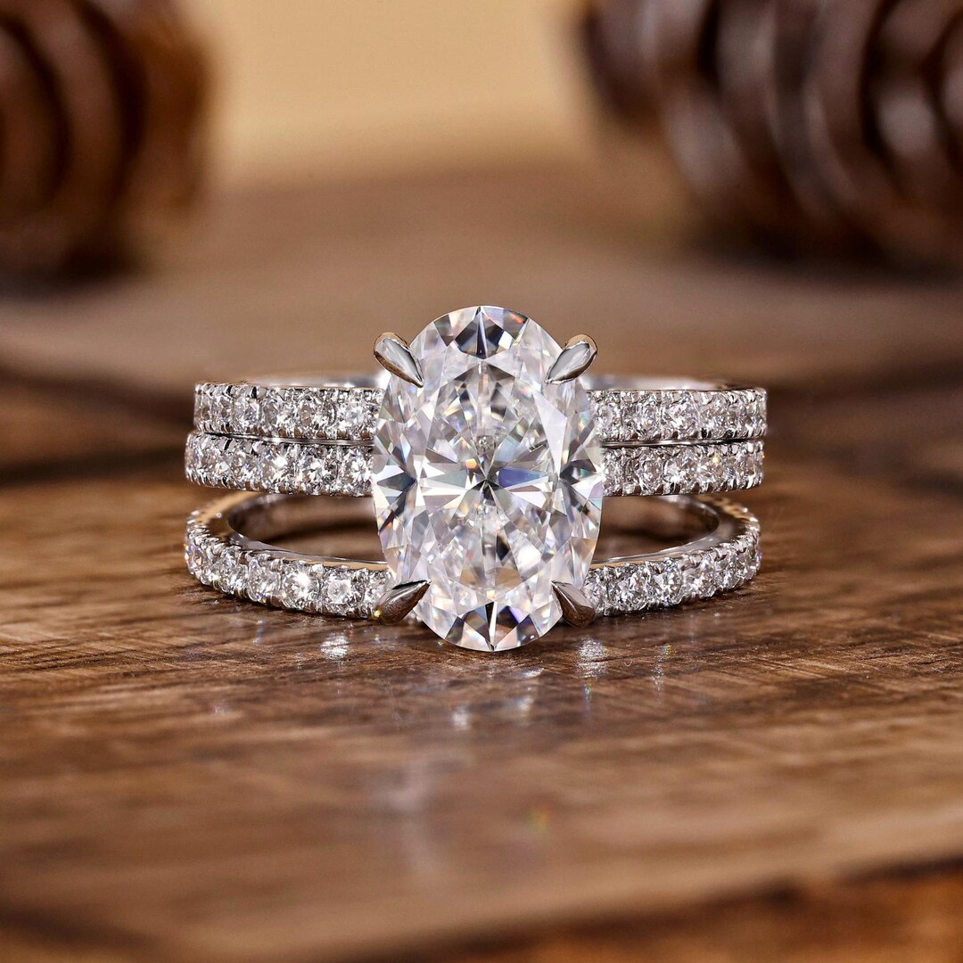 Oval Cut Moissanite Engagement Ring Set - 14k Gold Three Piece Bridal ...